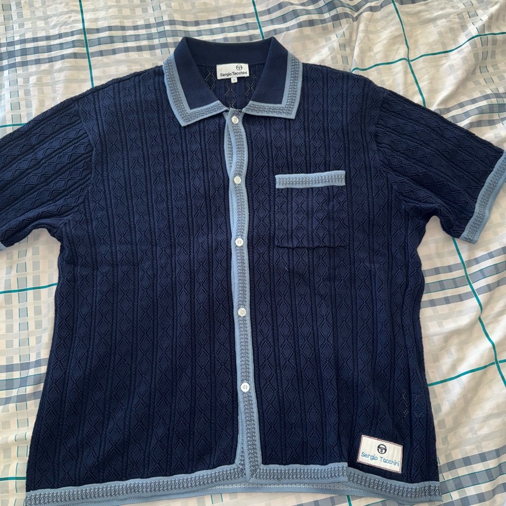 Authentic Sergio Tacchini Navy Knit Shirt with Light Blue Accents